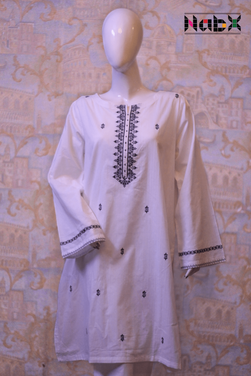 White Cotton Kurta With Black Embroidery-Nabx030
