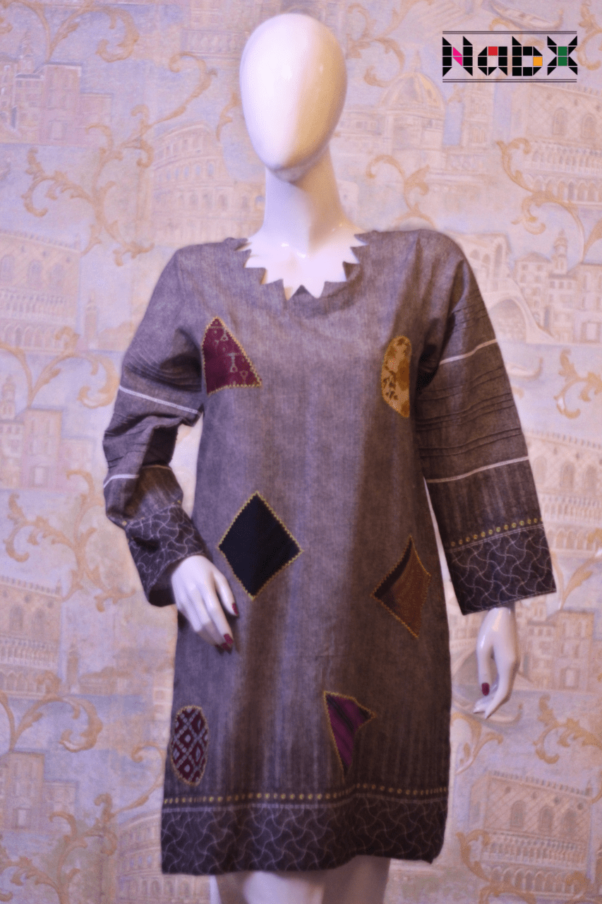 Grey Cotton Applique Work Kurta-Nabx031